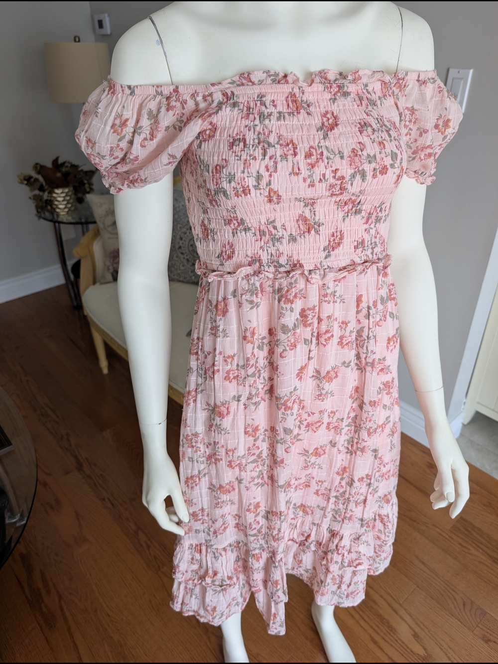 Pink Floral Off-Shoulder Midi Dress